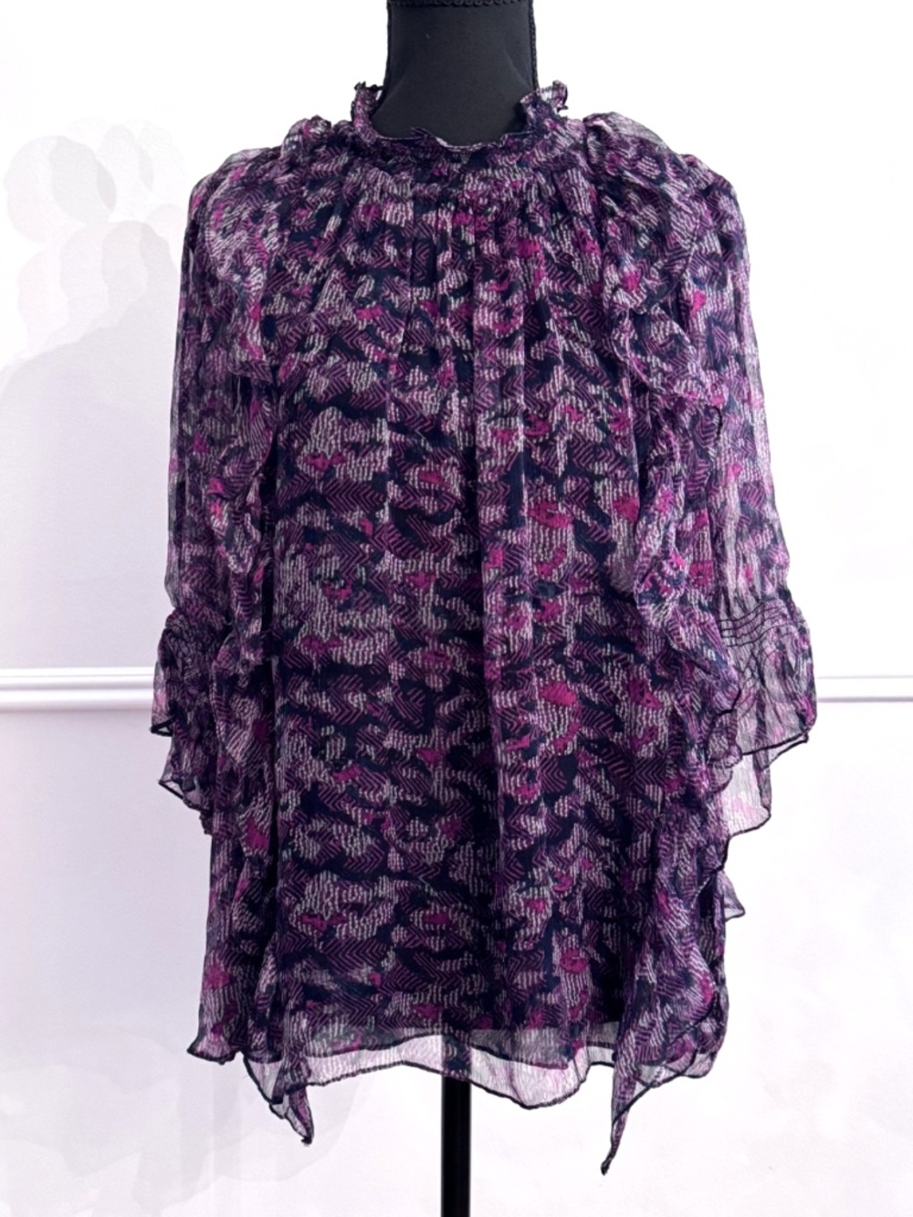 IRO Paris Snare Top FR 36 US Small 4 Navy Magenta Ruffle Chiffon Blouse
